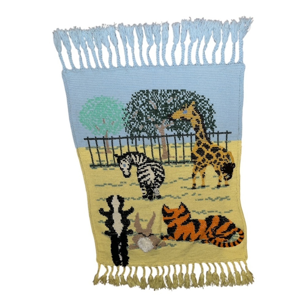 Handmade Afghan Crocheted 80s Animals Zoo Blanket Unique Fringe 53X34.5” Safari